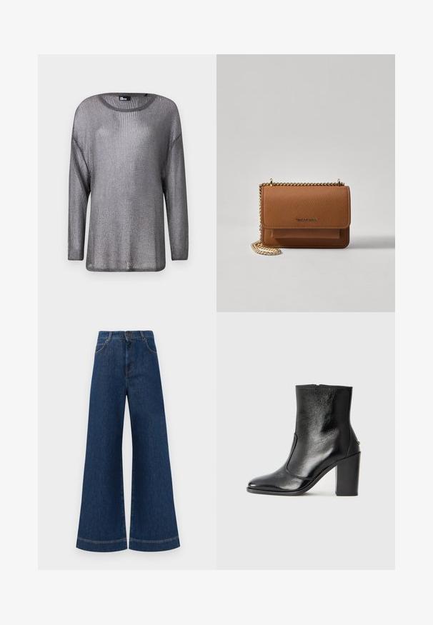 Hopeapintainen metallinhohtoinen pitkähihaisessa neuleessa on avoin kudosrakenteisuus. Siinä on leveä pääntie ja rento istuvuus, mikä tekee siitä kevyen ja ilmavan.; Siniset farkut leveällä lahkeella ja korkealla vyötäröllä, jossa on nappikiinnitys, vyölenkit sekä huomaamattomat tikkaus yksityiskohdat taskuissa ja lahkeissa.; Mustat nahka ankle bootit, joissa on sileä pinta, terävä kärki ja paksu korkea korko. Sivusaumassa on avaus ja muuten yksinkertainen muotoilu.; Ruskean teksturoidun nahkasta valmistettu crossbody-laukku, jossa on kultaketjuhihna ja läppäkiinnitys. Edessä on logodetail ja tasku läppäisen alla.