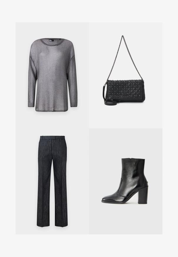Srebrny metaliczny sweter z długim rękawem o otwartej strukturze dzianiny. Posiada szeroką linię dekoltu i luźny krój, co podkreśla lekki i przewiewny design.; Ciemne spodnie w paski o szerokim kroju, wykonane z fakturowanej tkaniny z pionowymi srebrnymi prążkami. Gładki przód i szlufki na pasek.; Czarne skórzane botki za kostkę o gładkiej fakturze, spiczastym nosku i grubym wysokim obcasie. Posiadają boczne wycięcie i minimalistyczny design.; Czarna pikowana skórzana torba z łańcuszkiem, ozdobiona akcentami czaszki i zamkiem błyskawicznym. Teksturowana powierzchnia o błyszczącym wykończeniu.