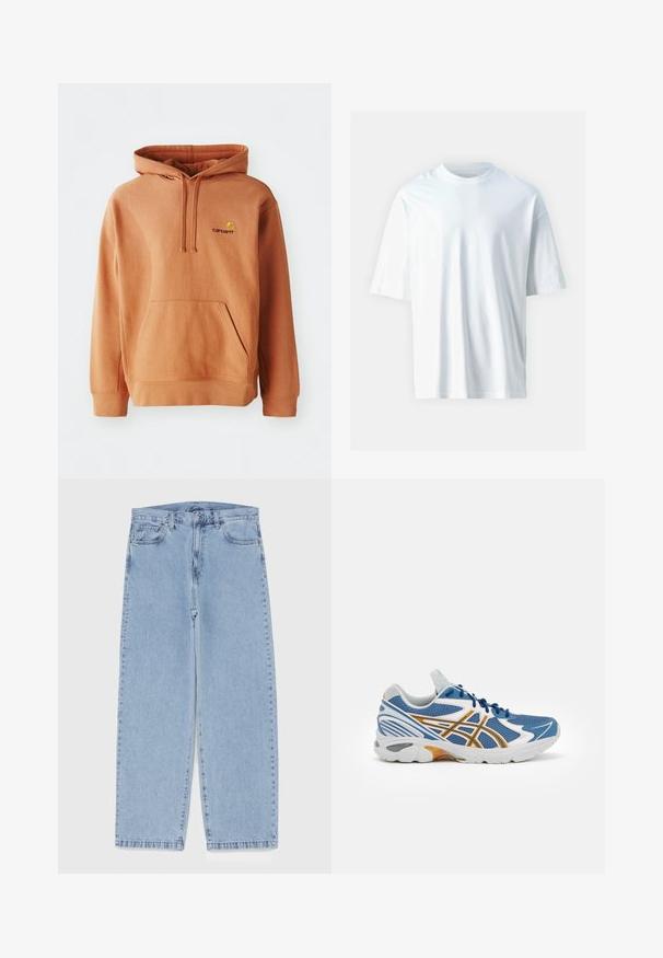 Orange hoodie lavet af bomuldsblanding med en frontlomme, justerbar hætte med snor og broderet logo på brystet.; Hvid kortærmet t-shirt lavet af blødt bomuld. Har en rund halsudskæring, afslappet pasform og glat tekstur. Ingen synlige mønstre eller accenter.; Lyseblå denimjeans med straight leg-design, der har en mid-rise talje, fem lommer og en lukning med knap og lynlås.; Blå atletik sko med mesh-overdel, hvide og orange accenter, polstret mellemsål og struktureret gummisål. Har snørebåndsdesign.