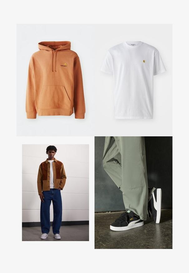 Felpa arancione in cotone misto con tasca frontale, cappuccio regolabile con coulisse e logo ricamato sul petto.; T-shirt bianco in cotone con maniche corte, con colletto girocollo, caratterizzato da un piccolo logo dorato sulla parte sinistra del petto. Tessuto morbido e vestibilità regolare.; Giacca di velluto a coste marrone con toppe contrastanti marrone scuro, t-shirt bianca sotto, jeans di denim blu larghi e sneakers bianche.; Sneaker in suede nero con suole in gomma bianca e strisce laterali, abbinate a pantaloni cargo verde chiaro, in piedi su una superficie scura e texture.