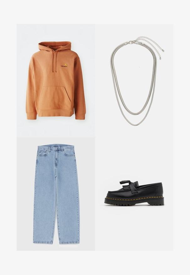 Orange hoodie made of cotton blend with a front pocket, adjustable drawstring hood, and embroidered logo on the chest.; Light blue denim jeans with straight leg design, featuring a mid-rise waist, five pockets, and a button and zipper closure.; Black leather loafer with a tasseled accent, featuring a chunky black sole and yellow stitching along the edge. Textured finish.; Three-layered silver metal necklace featuring sleek, flexible chains with a slight sheen, secured with a lobster clasp and adjustable chain.