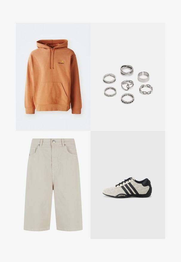 Oranje hoodie van een katoenmix met een voorkant zak, verstelbare trekkoordkap en geborduurd logo op de borst.; Beige denim shorts met een rechte snit, een sluiting met een knop aan de voorkant en vier zakken. De stof heeft een gladde textuur en minimale stikseldetails.; Adidas sportschoen met een gestructureerde, lichtgrijze bovenkant en zwarte leren accenten. Voorzien van een zwart drie-strepenlogo en een gevoerde zool.; Set van zeven zilveren ringen met verschillende ontwerpen, waaronder gedraaide, verbonden en gegraveerde patronen. Verschillende vormen en breedtes.