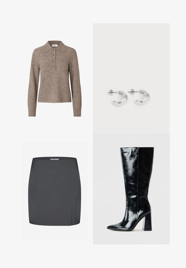 Pullover de lã bege com decote collared, patilha de quatro botões e mangas longas. Textura suave com uma silhueta ligeiramente ajustada.; Envii SPLIT - Saia lápis - grey; Botas pretas até ao joelho, feitas de couro brilhante, com biqueira pontiaguda e um salto geométrico robusto com textura suave.; Brincos de argola de prata com um acabamento liso e polido. Forma redonda com um design ligeiramente curvado e bordas suavizadas. Fecho de pino.