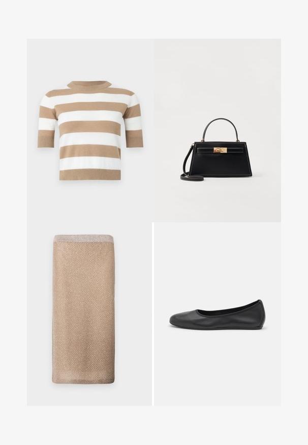 Pull à manches courtes en tricot doux, présentant des rayures horizontales alternées en beige et blanc. Encolure ronde et ourlet côtelé.; Écharpe en maille beige avec un éclat subtil, finition texturée et un bord supérieur de couleur plus claire. Forme rectangulaire.; Ballerines en cuir noir avec un bout rond, texture lisse, détails de couture minimalistes et design de semelle flexible.; Sac à main en cuir noir avec une forme trapézoïdale structurée, un fermoir en métal doré et des coutures blanches contrastantes. Comprend une courte poignée et une longue bandoulière.
