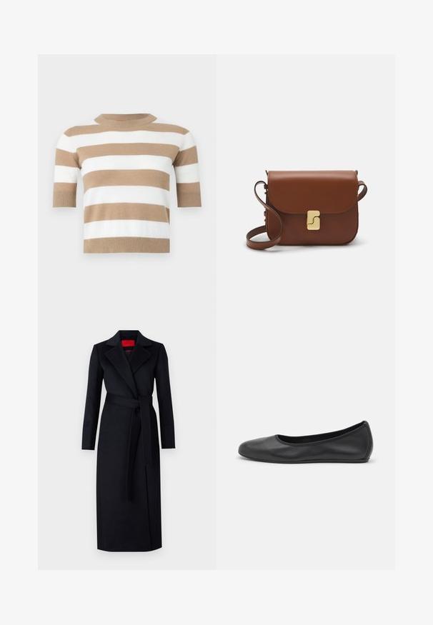 Short-sleeve sweater in soft knit, featuring alternating horizontal stripes in beige and white. Round neckline and ribbed hem.; Black trench coat with long sleeves, wrap design, and matching belt. Made of smooth fabric, features a notched collar and side pockets.; Black leather ballet flat with a rounded toe, smooth texture, minimal stitching detail, and a flexible sole design.; Brown leather handbag with a flap closure, gold-tone hardware, a shoulder strap, and a smooth texture. Compact rectangular shape.