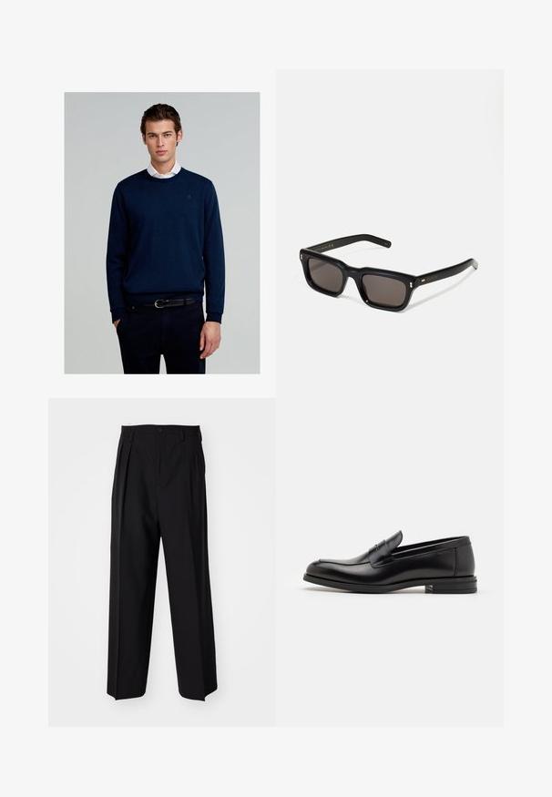 Merinovillapaita, joka on valmistettu neuloksesta, jossa on pyöreä pääntie, pitkät hihat ja huomaamaton logo rinnassa, yhdistettynä tummiin housuihin ja vyöhön.; Mustat laskostetut housut, joissa on suora, leveä lahje. Valmistettu sileästä kankaasta, jossa on nappisuljenta ja vyölenkit.; Mustat nahkakengät, joissa on sileä pinta, pyöreä kärki ja koristeellinen nauha jalkapöydän yli. Matala pinoitu koroke, minimalistinen muotoilu.; Mustat suorakulmaiset aurinkolasit tummilla linsseillä, paksu muovikehys, kultaiset korostukset temppeleissä ja brändin logo kaiverrettuna varteen.