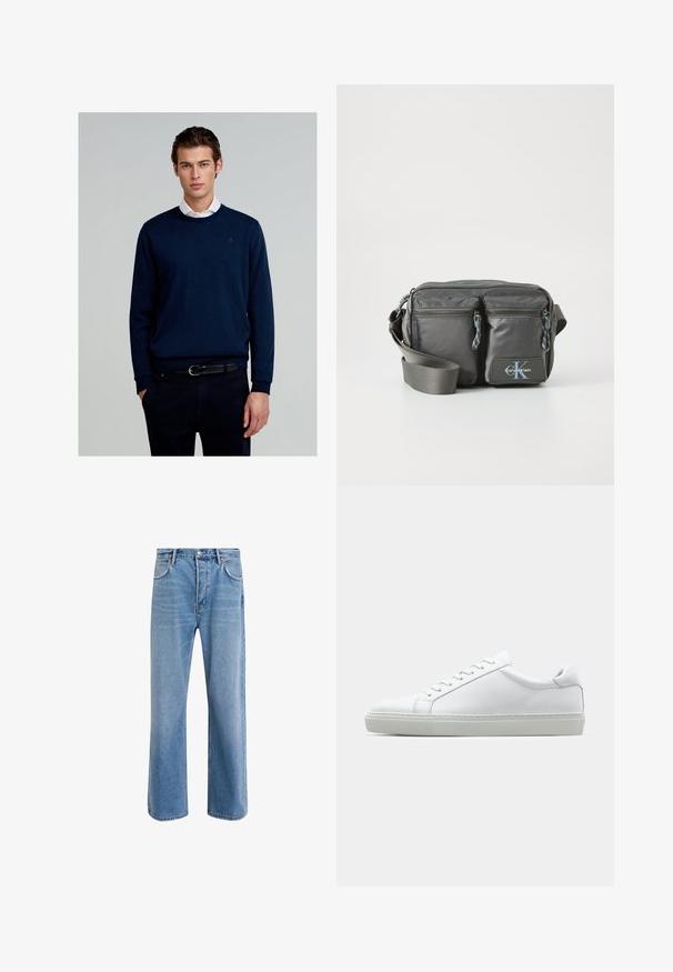 Marineblå sweater lavet af strikket stof, med rund halsudskæring, lange ærmer, og et subtilt logo på brystet, parret med mørke bukser og bælte.; Lyseblå denim jeans med lige ben-design, fem lommer, knaplukning, minimal falming og kontraststingdetaljer.; Hvide sneakers med en glat læderoverdel og lav profil. Har en rund tå, seks snørehuller og en tekstureret gummisål.; Grå nylon crossover taske med to lynlåslommer foran, justerbar strop og logo detaljer. Glat tekstur med et moderne design.