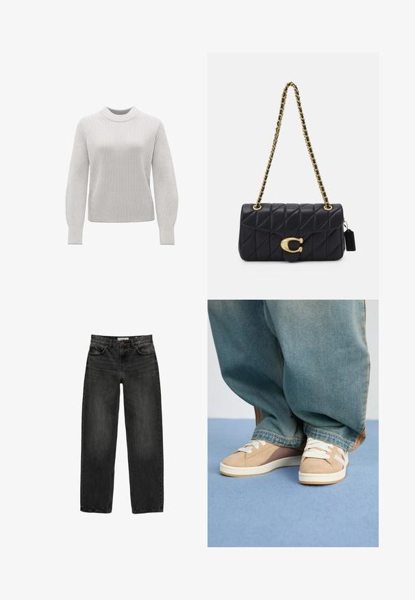 Helle graue, gerippte Strickjacke mit Rundhalsausschnitt, langen Ärmeln und lockerer Passform. Verfügt über einen strukturierten Stoff und ein schlichtes Design.; Schwarze Jeans aus Denim mit lockerer Passform, geradem Bein, fünf Taschen-Design und einer leicht gewaschenen Textur. Knopf- und Reißverschluss vorne.; Beige Sneaker aus Wildleder und Stoffmaterialien, mit weißen Schnürsenkeln, hellbraunen Akzenten und einer strukturierten Sohle. Kombiniert mit lockeren blauen Jeanshosen.; Schwarze gesteppte Handtasche mit einem goldenen Kettenriemen, die einen auffälligen goldenen Verschluss und ein kleines Etikett aufweist, das eine strukturierte Lederoberfläche zeigt.