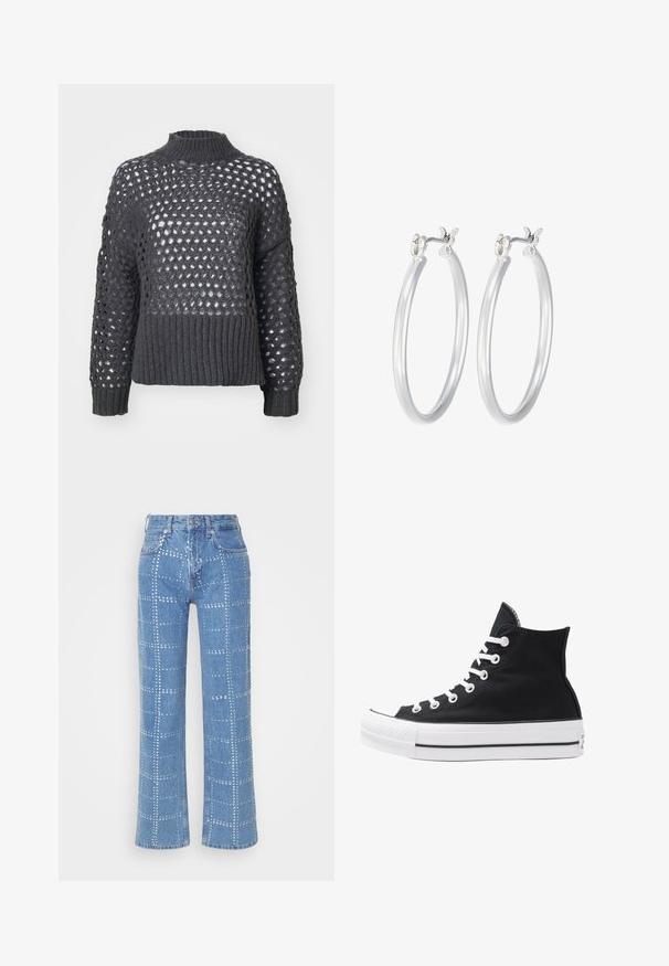 ONLY ONLBILLIE LIFE HIGNECK - Džemperis - magnet; Gai zilo denimu bikses ar taisnu kāju griezumu, ar sudraba kniedēm izveidotu režģa rakstu un klasisku piecu kabatu dizainu.; Augstie melnie kanvas sporta apavi ar baltām acs caurumiem, auklām un gumijas zoli. Iespējamais teksturēts purngals un melnbaltas svītras.; Sudraba riņķveida auss gredzeni ar gludu, pulētu apdari. Apaļa forma un drošs klikšķa augšējais slēgums. Viegls dizains, kas piemērots ikdienas valkāšanai.