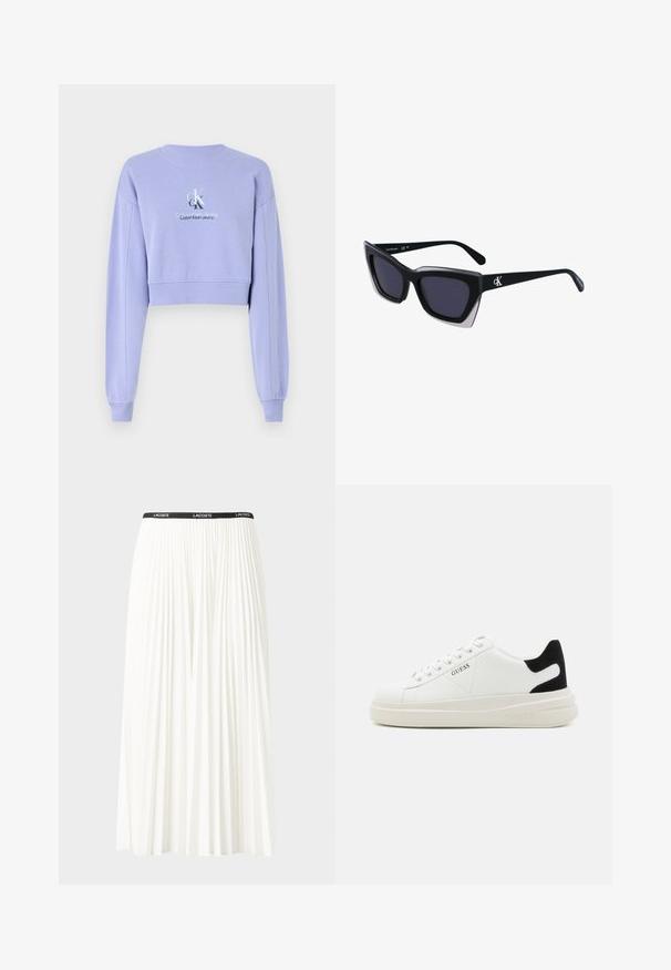 Felpa corta lilla realizzata in tessuto morbido, con maniche lunghe, colletto a coste e logo ricamato sul davanti.; Gonna bianca plissettata con elastico nero in vita che presenta il logo "LACOSTE". Design di lunghezza media con texture morbida.; Sneaker bianchi in pelle con suola spessa bianca, accento in suede nero sul tallone e logo impresso sul lato. Design con lacci e sei fori per i lacci.; Occhiali da sole oversize neri dalla forma geometrica, con lenti scure e un dettaglio grigio a contrasto sulla montatura. Logo sul braccio.
