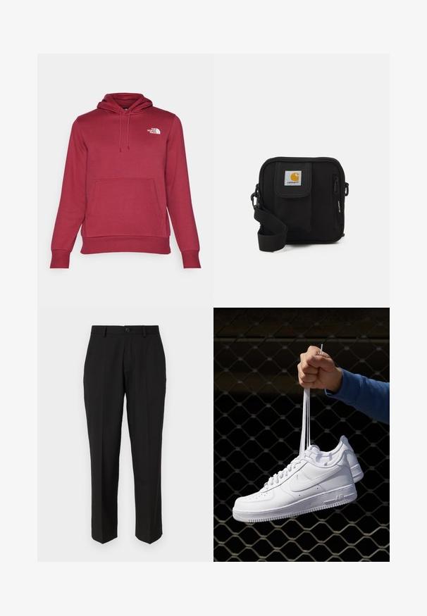 The North Face M SIMPLE DOME REGULAR HOODIE - Kapucnis pulóver - beetroot; Fekete nadrág sima anyagból, egyenes lábformával, elülső zsebekkel, egygombos záródással és látható minták nélkül.; Fehér bőr sportcipők perforációval, kerek orral, lapos talppal és vastag fűzőkkel, látható swoosh logóval és "AIR" felirattal a sarokrészen.; Fekete keresztbody táska cipzáras főrekesszel, elülső zsebbel, állítható pánttal és látható logóval a fedélen.