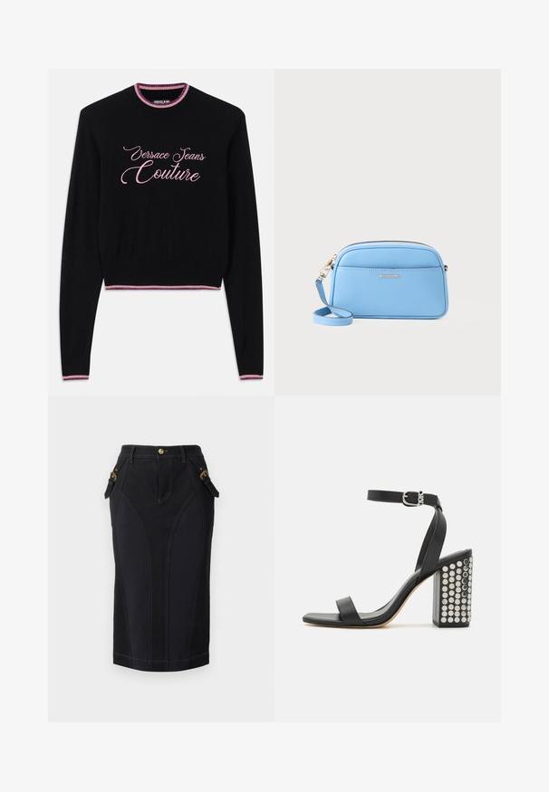 Sweater preto com "Versace Jeans Couture" em caligrafia rosa. Gola e barra caneladas com detalhes em rosa e roxo. Mangas longas.; Saia de denim preta com uma forma ajustada, apresentando costuras amarelas, bolsos laterais e acessórios em tom dourado na cintura.; Sandálias de salto em couro preto com tira no tornozelo. Apresentam uma ponta quadrada, textura suave e um salto quadrado decorado com tachas prateadas.; Bolsa crossbody em couro azul claro com acessórios em tom de ouro, fecho em zip, e um bolso frontal. Apresenta uma alça ajustável para conveniência.