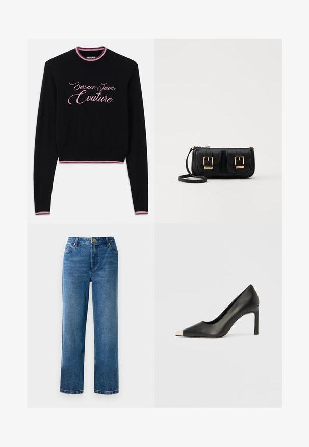Juodas megztinis su "Versace Jeans Couture" rožinėmis rašytinėmis raidėmis. Su ribotu apykaklė ir hemu, puoštais rožinėmis ir violetinėmis juostelėmis. Ilgos rankovės.; Mėlyni aukšto juosmens džinsai su tiesia kojų linija, pagaminti iš džinsinio audinio, turintys penkis kišenes ir auksinės spalvos detalių.; Juodas odinis aukštakulnis batelis su smailia nosimi ir metaliniu sidabriniu galiuku. Turi lygų paviršių ir ploną 10 cm kulną.; Juodas odinis per petį nešiojamas krepšys su dviem priekiniais kišenėmis, auksiniais sagtimis, užtrauktuko uždarymu ir siauromis petnešomis. Textūruota paviršius ir kompaktiškas stačiakampis formatas.