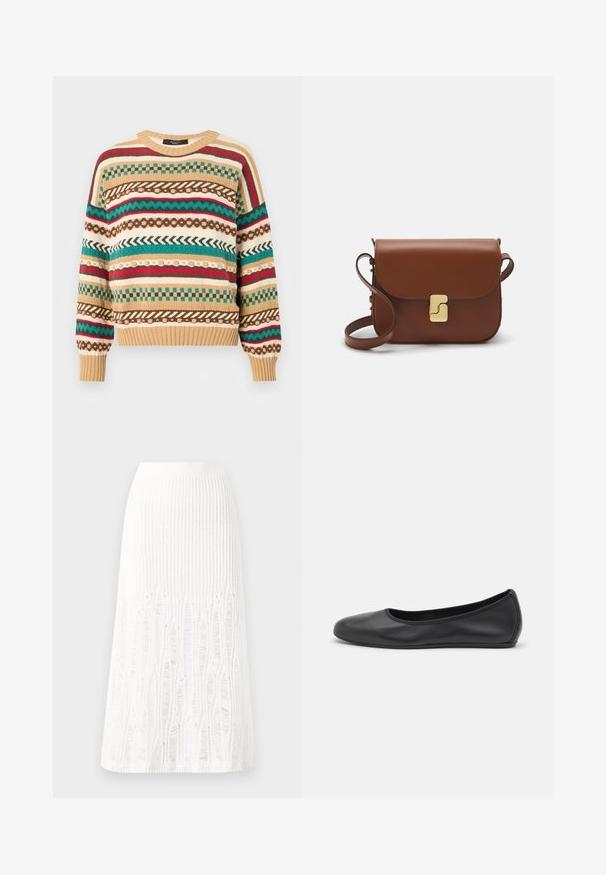 Strickpullover mit mehrfarbigen Mustern in Rot, Grün und Braun auf einem beigen Grund. Runder Ausschnitt, gerippte Ärmelbündchen und Saum. Lässige Passform.; Gestreifte weiße Midi-Rock aus Strick mit einem strukturierten Muster und Ausschnitten am Saum. Elastischer Bund. Weiches Material.; Schwarze Leder-Ballettschuhe mit abgerundeter Spitze, glatter Textur, minimalen Nähdetails und einem flexiblen Sohlen-Design.; Braune Ledertasche mit Klappenverschluss, Beschlägen in Goldfarbe, einem Schultergurt und einer glatten Oberfläche. Kompakte rechteckige Form.