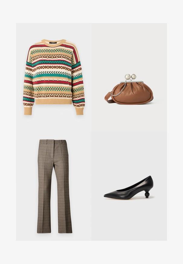 Pull en tricot avec des motifs multicolores rouge, vert et marron sur une base beige. Col rond, poignets et ourlet à côtes. Coupe décontractée.; Pantalons à carreaux marron avec une coupe droite, présentant un tissu texturé et des couleurs subtiles de beige et de bruns plus foncés dans tout le motif.; Chaussure à talon haut en cuir noir avec un bout pointu et un talon arrondi. Texture lisse avec un design épuré et minimal.; Pochette en cuir marron avec un fermoir à boule en argent et un petit détail en chaîne argentée sur fond blanc.