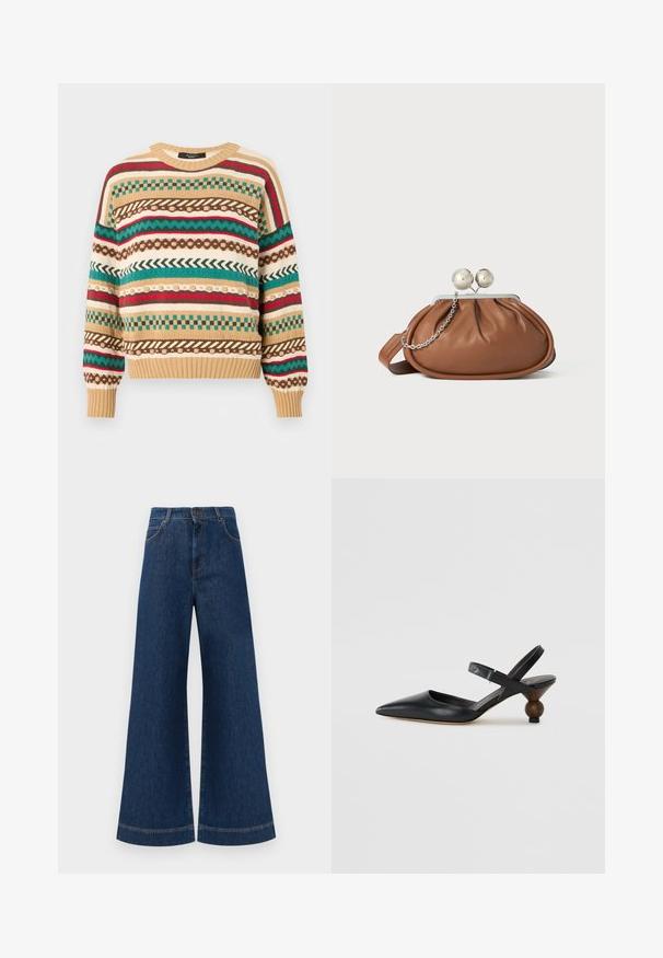 Kötött pulóver, amelyen piros, zöld és barna színes minták láthatók bézs alapon. Kerek nyakú, bordázott mandzsettákkal és derékkal. Lazán szabott.; Magas derekú, széles lábú kék farmernadrág, gombos záródással, övhurkokkal és diszkrét varrási részletekkel a zsebeknél és a szegélyeknél.; Fekete bőr szandálcipő hegyes orral, íves kialakítással és kerek, fára hasonlító sarokkal. Keskeny bokapánttal rendelkezik.; Barna bőrből készült clutch táska ezüst gömb záróval és kis ezüst lánc díszítéssel, fehér háttéren.