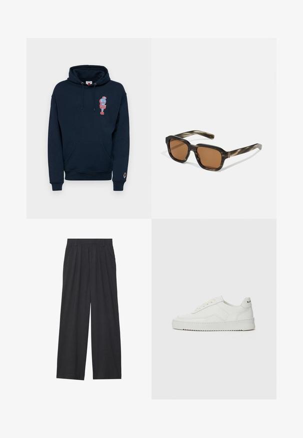 Mørkeblå hettegenser laget av bomullsblanding, med en kengurulomme foran og et fargerikt iskremgrafikk på brystet.; Vide benbukser laget av mørkegrått stoff. Har legg i midjen, en skreddersydd design, og en rett silhuett.; Hvite lærersneakers med en jevn overflate, rund tå, flate lisser og en teksturert såle. Har en subtil logo på hælen.; Plastik solbriller med kappe-mønster, åttekantede brune linser og tynne gullfargete detaljer på rammen.