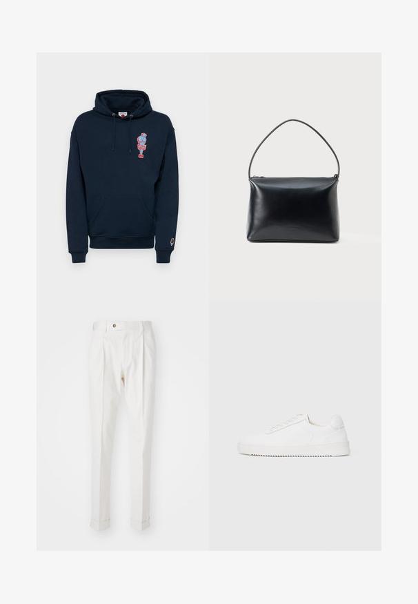 Hanorac bleumarin din amestec de bumbac, cu o buzunar frontal de tip kangaroo și un grafism colorat de înghețată pe piept.; Pantaloni albi, croiți pe măsură, cu un front plat, două plii și manșete rulate. Realizați dintr-un material neted, cu închidere cu nasture la talie.; Adidași albi cu un superior din piele fină, vârf rotunjit, șireturi, accente laterale texturate și o talpă groasă din cauciuc. Design minimalist.; Geantă din piele neagră, netedă, cu un singur maner curbat și închidere cu fermoar în partea de sus, prezentată pe un fundal alb simplu.
