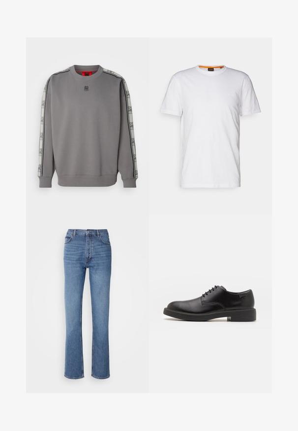 HUGO DUSTRIP - Sweater - open grey; Witte katoenen T-shirt met ronde hals, korte mouwen en een subtiel reliëflogo op de borst. Het binnenlabel heeft een oranje accent.; Blauwe denim jeans met een hoge taille, een recht pasvorm en subtiele vervaging. Kenmerkt zich door de klassieke vijf-pocketstijl en een ritssluiting.; Zwarte leren veterschoen met een ronde neus, een gladde textuur, minimale stiksels en een lage rubberen hak. Logo op de hak.
