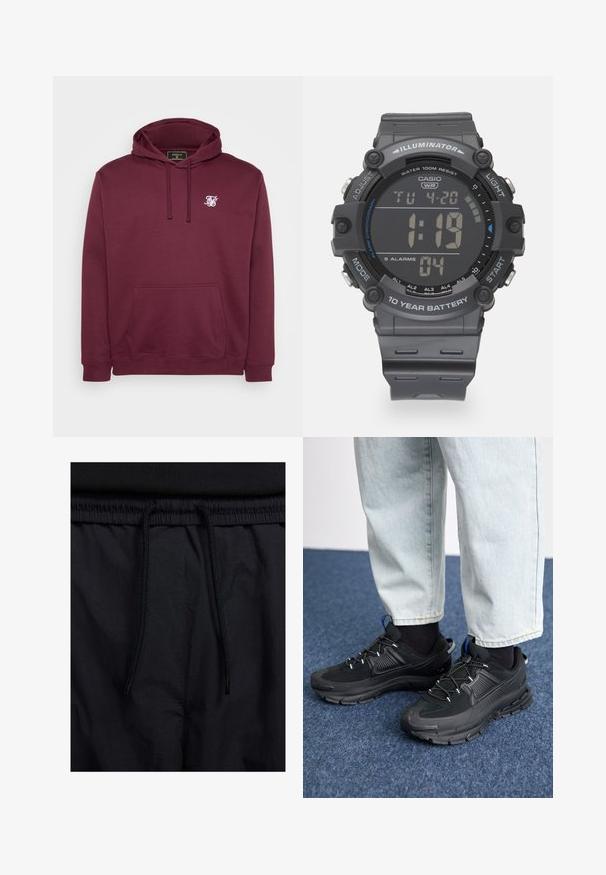 Burgunderfarget hettegenser laget av myk stoff, med en frontlomme og en liten hvit logo på brystet. Lange ermer og ribbestrikkede mansjetter.; Sorte shorts med snor i livet, lett stoff med en jevn tekstur, og et enkelt design uten synlige logoer eller mønstre.; Svarte sportssko med teksturert stoff og gummisåler, med elastiske lisser og en blå detalj på hælen. Brukt med lyse denimbukser.; Digital Casio klokke med et grått reim i resin, LCD-skjerm, vanntett opp til 100 meter, og funksjoner for alarmer og bakgrunnsbelysning.