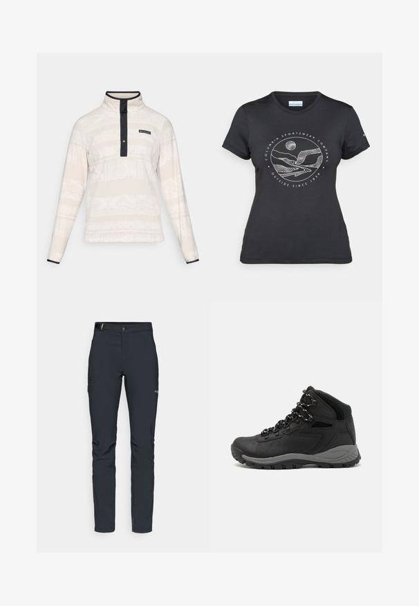 Fleece pullover i lys beige med et mønstret tekstur, der har en høj krave, knaplukning og marineblå detaljer.; Sort Columbia t-shirt med hvid cirkulær bjerg- og flodlinjekunst samt teksten "Columbia Sportswear Company Udenfor Siden 1938."; Herrers udendørsbukser, mørkegrå, lavet af fleksibelt materiale, med bælte, lynlåslommer og forstærkede syninger.; Sort vandrestøvle med en mellem-højde design, der har en tekstureret overdel, grå detaljer og en holdbar gummisål med skridsikre klodser.