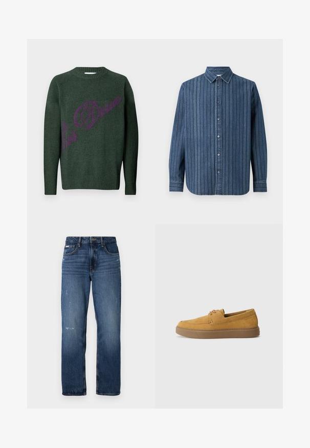 Green knit sweater with ribbed hem and cuffs. Features a prominent purple logo/text design across the front. Classic crew neck style.; Samsøe Samsøe SADAMON SHIRT - Shirt - denim; Blue denim jeans with a straight leg design. Features faded areas and light distressing on the front, with a classic button closure.; Brown suede slip-on shoes with a textured finish, round toe, and contrasting rubber sole. Features subtle branding near the heel.