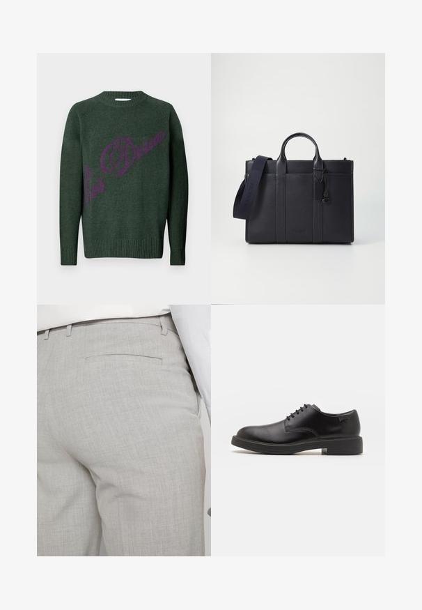 Zelený pletený svetr s ribbovaným lemem a manžetami. Na přední straně se nachází výrazný fialový design loga/textu. Klasický styl s kulatým výstřihem.; Světlounce šedé kalhoty na míru z texturované látky, s jednou zadní kapsou a čistým prošitím.; Černé kožené šněrovací boty s kulatou špičkou, hladkým povrchem, minimálním prošíváním a nízkým gumovým podpatkem. Logo na patě.; Tmavě námořnická kožená aktovka s dvojitými horními rukojeťmi a odnímatelným popruhem. Má texturovaný povrch, vertikální švy a detail s logem.