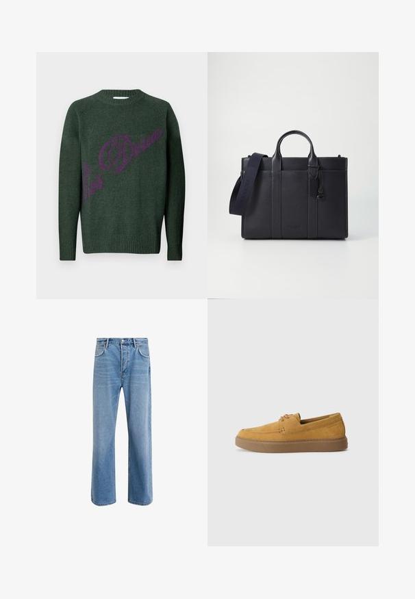 Green knit sweater with ribbed hem and cuffs. Features a prominent purple logo/text design across the front. Classic crew neck style.; Light blue denim jeans with a straight-leg design, five pockets, button closure, minimal fading, and contrasting stitching details.; Brown suede slip-on shoes with a textured finish, round toe, and contrasting rubber sole. Features subtle branding near the heel.; Dark navy leather briefcase with dual top handles and a detachable strap. Features textured finish, vertical stitching, and logo detail.