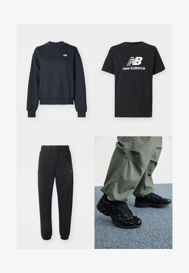Tmavošedý crewneck sveter z kombinácie bavlny. Má rebrovaný golier a manžety, so malým bielym logom na hrudi.; Čierne bavlnené tričko s krátkymi rukávmi a okrúhlym výstrihom, na prednej strane s bielym logom New Balance a grafickým dizajnom.; Čierne tepláky vyrobené z mäkkého materiálu s elastickým pásom, šnúrkou na stiahnutie a zúženými manžetami, s jemným logom na boku.; Čierne atletické tenisky s lesklými a sieťovinovými textúrami, so silnou podrážkou a šnúrkami, kombinované s voľnými olivovo-zelenými cargo nohavicami.