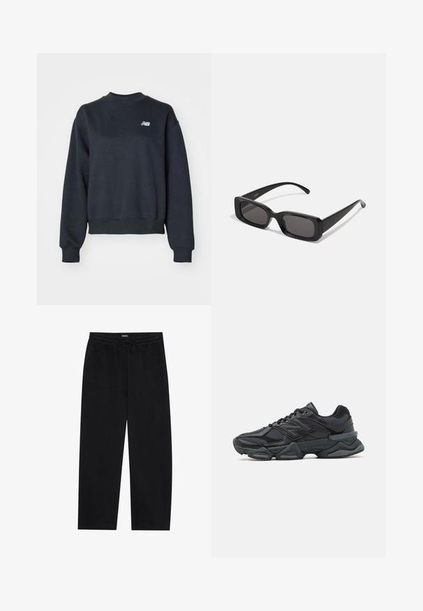 Sötétszürke crewneck pulóver, pamutkeverék anyagból készült. Bordázott nyakkal és mandzsettákkal rendelkezik, a mellkasán egy kis fehér logóval.; YOURTURN BARREL JOGGER UNISEX - Tréningruha alsók - black; Fekete futócipő, mely háló és szintetikus anyagok keverékéből készült, vastag talppal, ívelt kialakítással és hangsúlyos logóval az oldalon.; Fekete, téglalap alakú napszemüveg sötét lencsékkel, fényes felülettel, széles szárakkal és masszív keret designnal. Az egyik szárra gravírozott márkanevével.