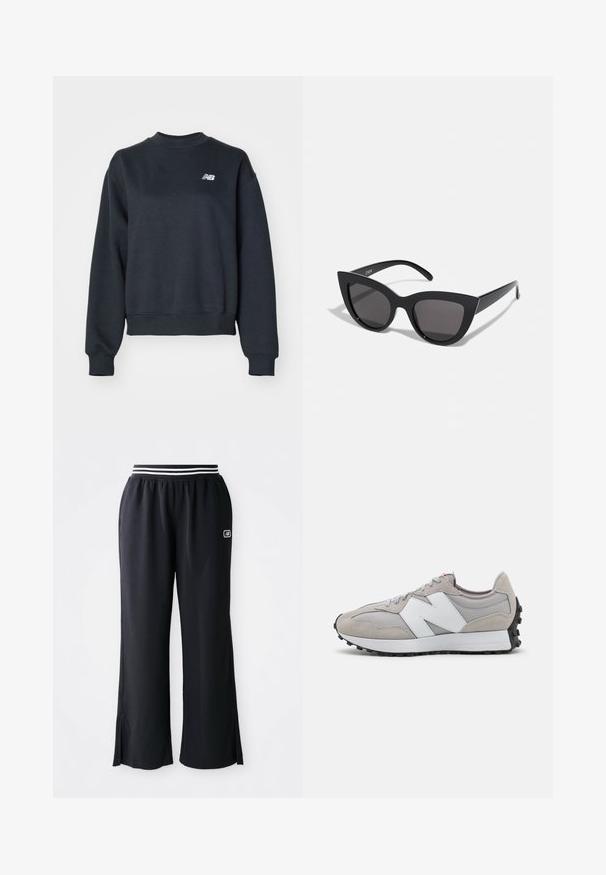 Sötétszürke crewneck pulóver, pamutkeverék anyagból készült. Bordázott nyakkal és mandzsettákkal rendelkezik, a mellkasán egy kis fehér logóval.; Fekete sportnadrág széles nadrágszárral, rugalmas derékpánttal, fekete-fehér csíkokkal, és oldalsó sliccekkel a szegélyen.; Szürke tornacipő hálós és velúr anyagból, fehér oldalsó logóval, szürke fűzőkkel és fekete gumitalppal.; Fekete macskaszem napszemüveg matt felülettel, szürke árnyalatú lencsékkel, éles vonalakkal és karcsú oldalsó karokkal. A márkaneve látható a belső karon.