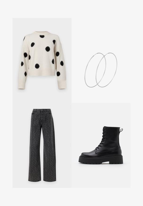 Maglione crema con pois neri pelosi, design cropped, collo e polsini a costine. Tessuto morbido, vestibilità rilassata.; Noisy May NMJANNEL LOOSE - Jeans baggy - black denim; Stivaletti in pelle nera alla caviglia con punta rotonda, lace-up frontale e suola in gomma spessa con battistrada textured. Tassello sul retro.; Orecchini a cerchio in argento con un design minimalista. Forma circolare, superficie liscia e profilo sottile. Leggeri con una finitura lucida.