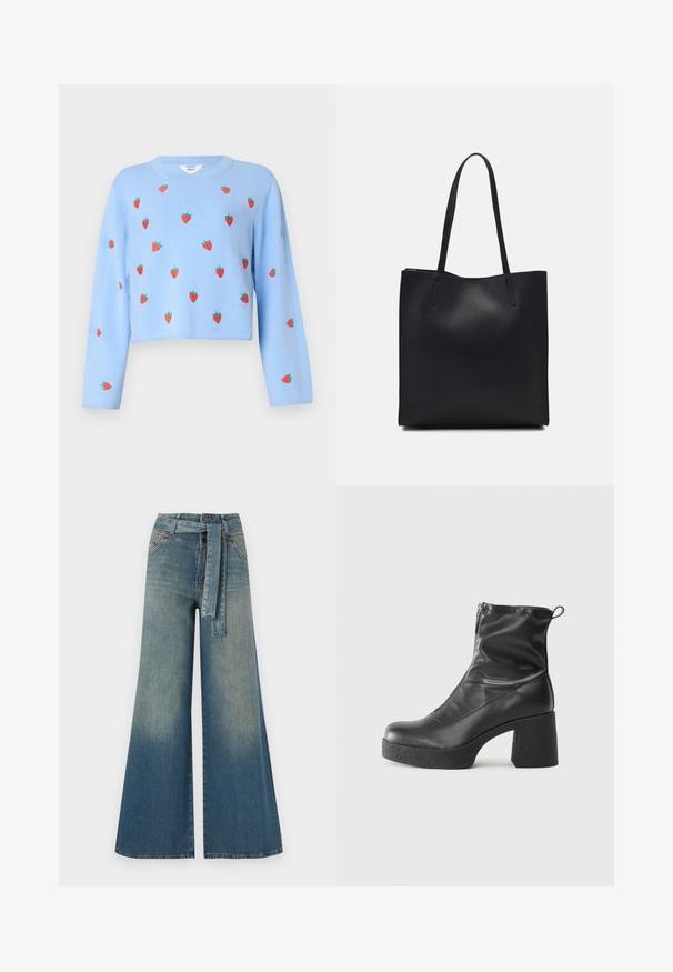 Object OBJTHESS WIDE SLEEVE PULLOVER - Strikkegenser - serenity; Bredde ben jeans med en lyseblå til mørkeblå gradient, høyt liv, beltehemper og et matchende belte i samme stoff. Teksturert denimoverflate.; Svarte ankelstøvler laget av glatt lær, med glidelås på siden, chunky strukturert hæl, og rund tå-design.; Svart lær tote bag med glatt tekstur, rektangulær form og to lange håndtak. Ingen synlige deler eller dekorasjoner.