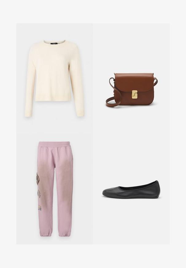 WEEKEND MaxMara TAGO - Strickpullover - ecru; Weißes kurzärmliges T-Shirt aus geripptem Stoff. Runder Halsausschnitt, normale Passform und dezente Nähte. Keine Muster oder Grafiken.; Rosa Sweatpants mit elastischem Bund, verziert mit dekorativen Patches in Diamantform auf der linken Seite und elastischen Bündchen an den Knöcheln.; Schwarze Leder-Ballettschuhe mit abgerundeter Spitze, glatter Textur, minimalen Nähdetails und einem flexiblen Sohlen-Design.; Braune Ledertasche mit Klappenverschluss, Beschlägen in Goldfarbe, einem Schultergurt und einer glatten Oberfläche. Kompakte rechteckige Form.