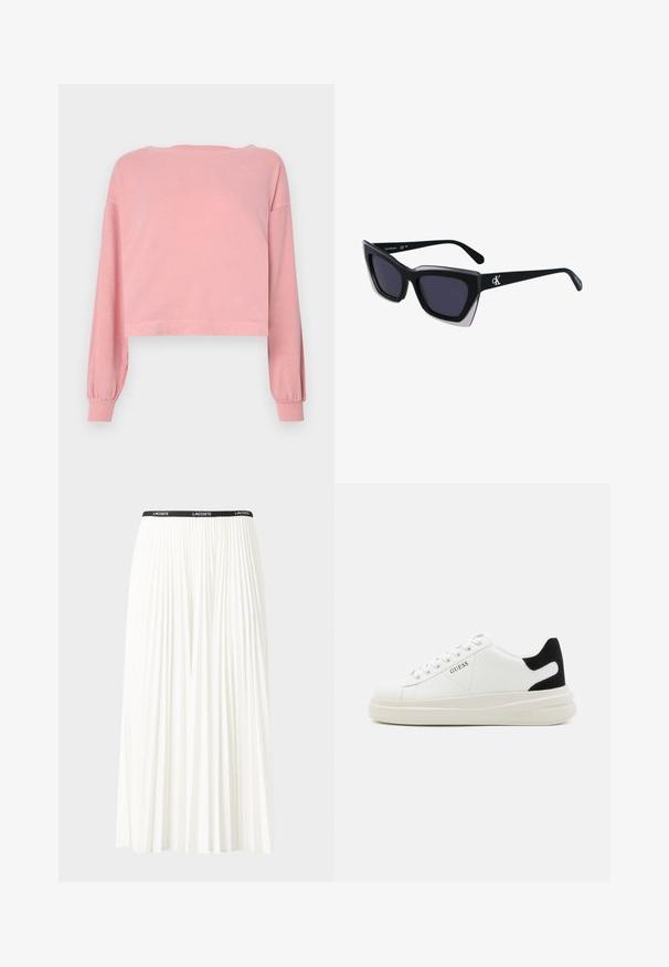 Chemise longue à manches longues rose clair, coupée, avec un large col, des poignets côtelés et en coton doux. Texture lisse avec des détails de design minimalistes.; Jupe plissée blanche avec une taille élastique noire portant le logo "LACOSTE". Design mi-long avec une texture douce.; Baskets en cuir blanc avec une épaisse semelle blanche, un accent en daim noir au niveau du talon et un logo embossé sur le côté. Design à lacets avec six œillets.; Lunettes de soleil noires surdimensionnées avec une forme géométrique, dotées de verres foncés et d'un détail gris contrastant sur la monture. Logo sur la branche.