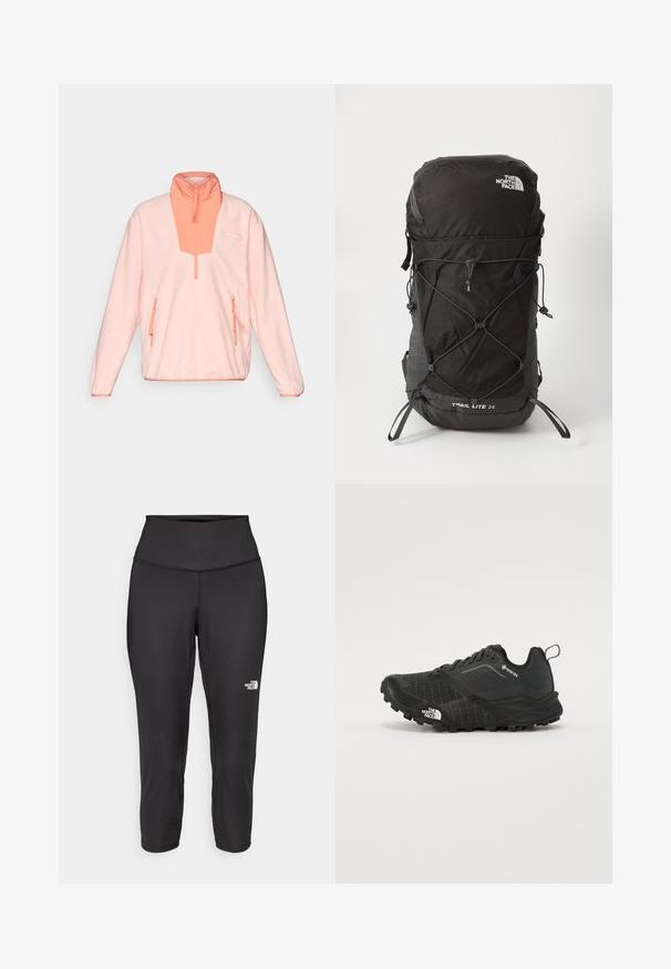 Ljusrosa fleecepolo med halvdragkedja, kontrasterande korallfärgad frampanel och två dragkedjefickor på sidorna. Mjuk textur, avslappnad passform.; Svarta capri leggings tillverkade av stretchigt tyg, med hög midja och en liten vit logotyp på vänster sida. Slät yta.; Svart idrottssko med en texturerad ovandel, snörning och en gummisula. Har en förstärkt häl och en logo på sidan.; Svart nylonryggsäck med en texturerad yta, utrustad med justerbara remmar, extern bungee-kabel och en vit logotyp. Storlek: 24 liter.