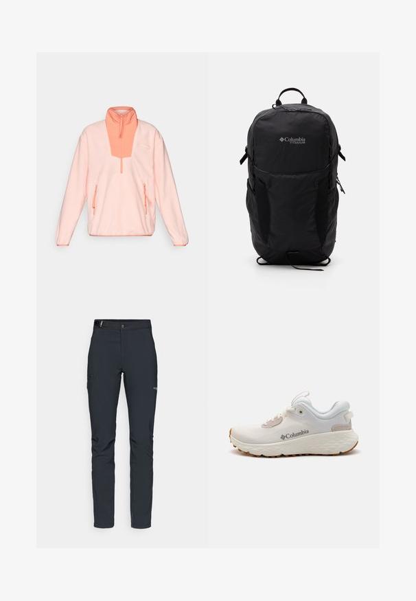 Šviesiai rožinė fliso džemperis su pusiau užtraukiamu coloriu, kontrastinga koralų spalvos priekinė detalė ir dvi užtraukiamos šoninės kišenės. Minkšta tekstūra, laisvas pritaikymas.; Vyrų lauko kelnės, tamsiai pilkos, pagamintos iš elastingos medžiagos, su diržu, užtrauktukais užtraukiamomis kišenėmis ir sustiprinta siūle.; Lengvas Columbia sportinis batelis balto tinklinio audinio su tekstūruota pilka padanga ir guma sukibimui. Yra paminkštinta apykaklė ir raištelių dizainas.; Juodas Columbia Titanium kuprinė su lygaus audinio tekstūra, šoninėmis kišenėmis, viršutine rankena ir reguliuojamomis petnešomis. Minimalistinis dizainas su subtiliu logotipu.