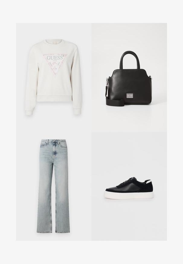 Lichtcrème sweater met een driehoekige grafiek met een roze glinsterende rand en zilveren tekst. Ribgebreide manchetten en zoom. Casual ontwerp.; Hoge taille, lichtblauwe denim jeans met een brede pijp-silhouet, uitgerust met vijf zakken en een subtiele vervaging langs de stof.; Zwarte sneaker met glad leer en suede panelen, platte veters, ronde neus en een witte rubberen zool. Duidelijk logo op de hiel.; Zwarte synthetische handtas met bovenhandvatten, afneembare schouderriem, ronde vorm, gladde textuur en zilveren logo-accent aan de voorkant.