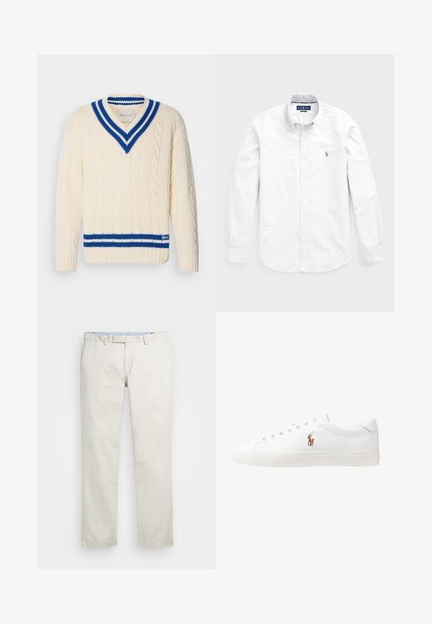 Maglione a trecce crema con scollatura a V profonda, caratterizzato da un colletto e un orlo a righe blu e bianche. Mostra la scritta "Gant" in blu sul bordo inferiore.; Camicia bianca a maniche lunghe con bottoni, realizzata in cotone. Presenta un colletto alla francese, chiusura con bottoni e un piccolo logo ricamato sul petto.; Chino in cotone beige con fronte piatto, passanti per la cintura e tasche laterali. Design a gamba dritta con una texture liscia e una sensazione leggera e traspirante.; Sneakers in pelle bianca, design low-top, caratterizzati da una texture liscia, punta rotonda, chiusura con lacci e un piccolo logo ricamato sul lato.