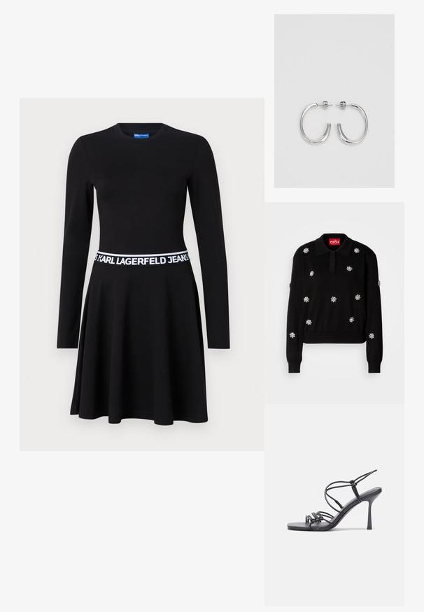 Mustaline pullover-sweater, millekraega, kaunistatud hõbedaste lilleaplikatsioonidega, ribidega varrukate jaäärega.; Mustaline must kleit pika varrukaga venivast kangast, millel on sobiv kehaosa, laienev seelik ja valge bränditud elastne vöökoht.; Mustad musta värvi kontsandaalid on varustatud peente rihmadega, millel on sõlmekujundus, siledad ruudukujulised varbad ja stiilne stilettokonts.; Helehall metallik handbags, millel on kett, kaunistatud väikeste ümmarguste metallist õmblustega ja kolmnurkse brändi logoga.; Hõbedased rõngaskõrvarõngad, millel on sile ja läikiv pind. Ümar kuju, kerge disain, millel on post-tagumise kinnituse süsteem.