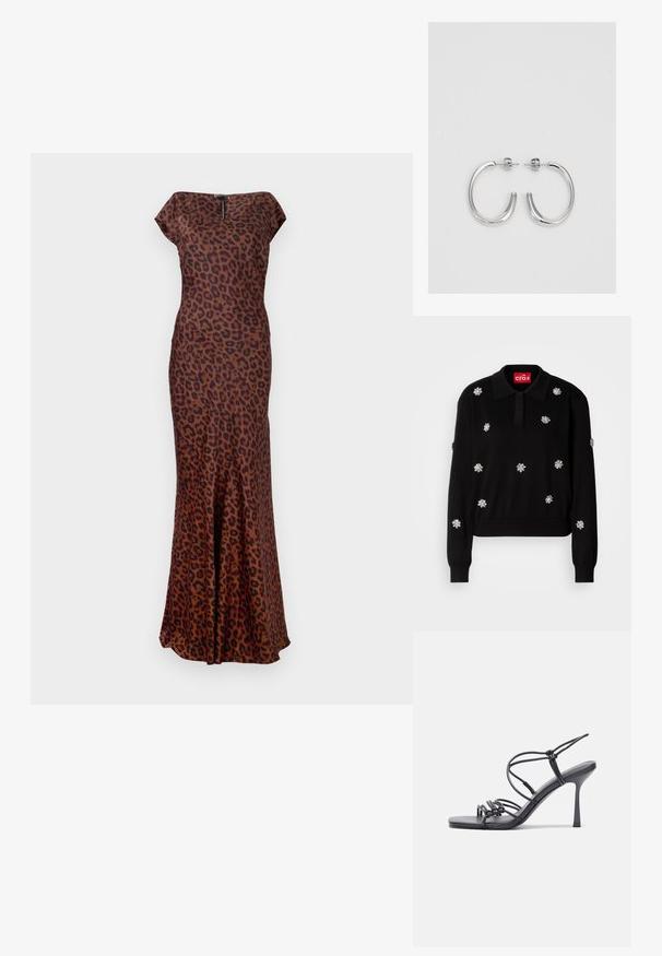 Czarny sweter z okrągłym dekoltem, ozdobiony srebrnymi aplikacjami w kształcie kwiatów, z prążkowanymi mankietami i dołem.; Sukienka w panterkę wykonana z gładkiego materiału, z dopasowanym krojem, dekoltem w łódkę i rozkloszowanym dołem. Kolory to brąz i czerń.; Czarne sandały na wysokim obcasie mają cienkie paski z węzłowym wzorem, gładki, kwadratowy czubek i smukły obcas w stylu szpilki.; Jasnoszara metaliczna torebka na łańcuszku, ozdobiona małymi okrągłymi metalowymi ćwiekami oraz trójkątnym logo marki.; Srebrne kolczyki na biglu o gładkim, błyszczącym wykończeniu. O zaokrąglonym kształcie, lekkim designie, z zamknięciem na zatrzask.