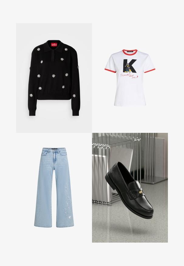 Black pullover sweater with a collared neckline, embellished with silver floral appliqués, featuring ribbed cuffs and hem.; White cotton t-shirt with red neckline and sleeve hems. Features a black 'K' and Donald Duck graphic with a signature in red.; Light blue wide-leg jeans in denim with stitched "Donald and Daisy" text on the left leg. Features classic five-pocket design and belt loops.; Black leather loafers with a smooth finish, featuring a decorative band and small gold accent. The sole is flat with a rounded toe.