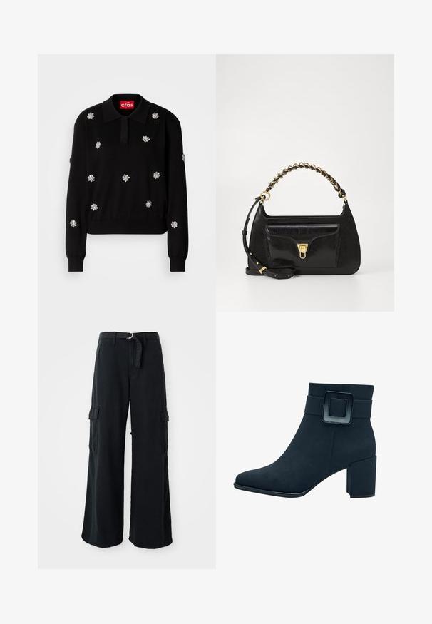 Maglione nero a collo con colletto, impreziosito da applicazioni floreali argentate, con polsini e orlo a coste.; Pantaloni cargo neri a gamba larga in cotone con cintura a fiocco, dotati di due tasche laterali e una superficie in tessuto liscia.; Stivale alla caviglia in suede nero con punta quadrata e un ampio tacco a blocco. Caratterizzato da una larga fascia con dettaglio della fibbia rettangolare.; Borsa a tracolla in pelle nera con finitura testurizzata, hardware dorato, tasca frontale e manico decorato con catena. Include una tracolla regolabile.