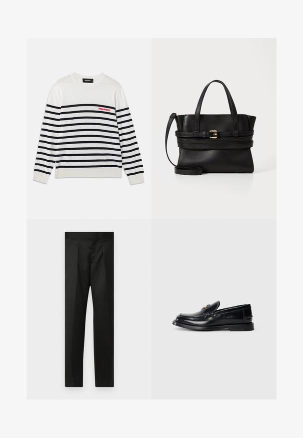 Valkoinen pitkähiha sweater mustilla vaaka-raitalla, ribbetyt hihansuut ja helma sekä punainen "DSQUARED2" logo vasemmassa rinnassa.; Mustat housut, joissa on sileä kangas, räätälöity muotoilu, suorat lahkeet sekä litteä vyötärö ilman näkyviä kiinnityksiä tai taskuja.; Musta nahkaloaferi, jossa on ommeltu muotoilu, pieni etuläppä ja litteä kumipohja. Silkkinen pinta kullanvärisillä yksityiskohdilla.; Musta nahkakäsilaukku, jossa on jämäkkä muotoilu, kaksinkertaiset yläkahvat, irrotettava hihna ja kultainen solki vaakasuoralla nauhassa.