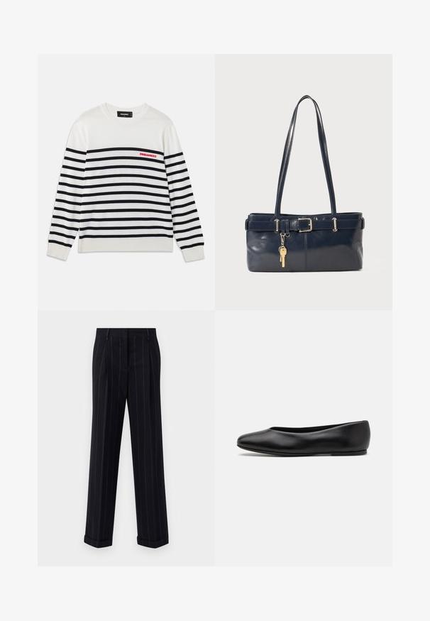 Weißer Pullover mit langen Ärmeln, schwarzen horizontalen Streifen, gerippten Bündchen und Saum sowie rotem "DSQUARED2"-Logo auf der linken Brust.; Schwarz gestreifte Hose mit tailliertem Schnitt, mit einem umgeschlagenen Saum und vorderen Falten. Hergestellt aus glattem Stoff mit einer strukturierten Gestaltung.; Paul Smith TOPANGA - Klassischer Ballerina - black; Marineblaue Lederhandtasche mit zwei langen Griffen, einer Schnallen-Detailierung und einem daran befestigten Schlüsselanhänger. Besitzt eine glatte Textur und eine rechteckige Form.