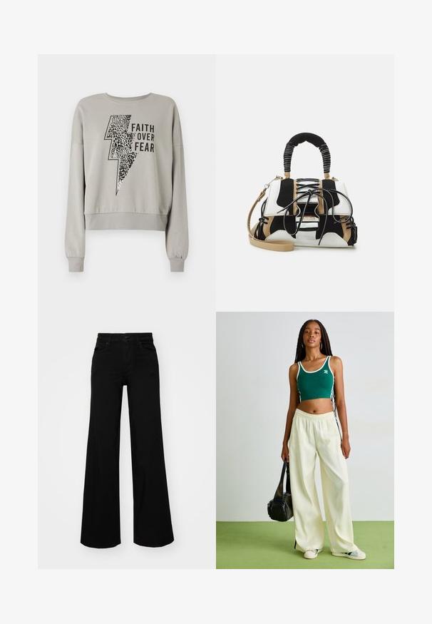 Pullover grigio con collo tondo. Presenta una grafica nera a forma di fulmine con stampa leopardata, la scritta "FAITH OVER FEAR" e polsini a coste.; Pantaloni neri a gamba larga in denim, con una vita strutturata, passanti per la cintura e tasche frontali. Texture liscia con un design classico.; Top corto verde con bordo bianco, abbinato a pantaloni larghi color crema. Modella tiene una piccola borsa nera. Scarpe da ginnastica semplici.; Borsa multicolore con rete nera, bianca e beige. Presenta un manico testurizzato, un design con lacci e una tracolla rimovibile.