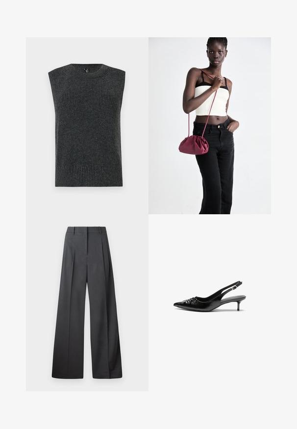 Mörkgrå ärmlös tröja med ribbad textur, rundad halsringning och bandad nederkant. Enkel design utan ytterligare mönster eller detaljer.; Vida byxor i mörkgrått tyg, med hög midja, enkla veck och en mjuk yta med en ren finish vid fållen.; Svart läderslingback med spetsig tå, låg klack i kattunge-stil och veckdetalj på framdelen. Slät textur och minimalistisk design.; Burgundy mjukt tyg handväska med en samlad design och en lång rem, bärs över kroppen. Modellen bär en vit crop top och svarta jeans.