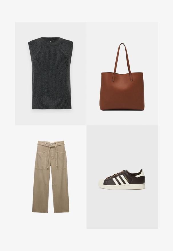 Sötét szürke, ujjatlan pulóver bordázott textúrával, lekerekített nyakkivágással és szegélyezett alsó résszel. Egyszerű dizájn, további minták vagy részletek nélkül.; Beige, széles szárú nadrág tartós anyagból, nagy elülső zsebekkel, fonott övvel és finom varrási részletekkel.; Sötétbarna bőr alacsony szárú Adidas Superstar sportcipő krémszínű kagyló orral, fehér csíkokkal és "Superstar" felirattal az oldalon.; Barna bőr vászontáska sima textúrával, nyitott tetejű dizájnnal és két vállpánttal. Minimális varrással és látható hardver nélkül készült.