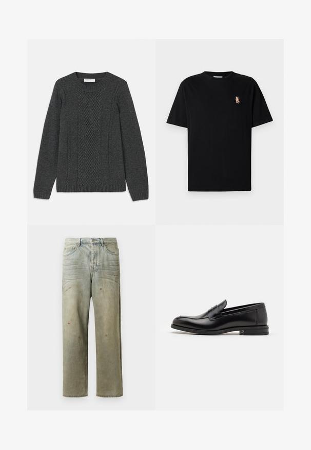 Maglione grigio lavorato a maglia con un motivo a diamante testurizzato sul davanti, polsini a coste e collo rotondo classico.; Maglietta nera a maniche corte con colletto tondo, con un piccolo logo ricamato di una volpe arancione a sinistra sul petto.; Jeans in denim strappato di colore verde chiaro, con gamba dritta, design a cinque tasche, sbiaditure irregolari e schizzi di vernice.; Mocassini neri in pelle con una texture liscia, punta arrotondata e una striscia decorativa sulla tomaia. Tacco basso impilato, design minimalista.