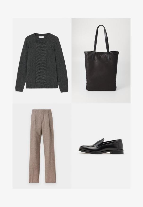 Grau gestrickter Pullover mit einem strukturierten Rautenmuster auf der Vorderseite, gerippten Bündchen und einem klassischen Rundhalsausschnitt.; Braune, hochtaillierte Hose aus strukturiertem Stoff. Mit weitem Bein und zwei vorderen Bügelfalten für zusätzliche Form. Saubere Verarbeitung ohne sichtbare Hardware.; Schwarze Lederloafers mit glatter Textur, rundem Zehenbereich und einem dekorativen Riemen über dem Vorderfuß. Niedriger, gestapelter Absatz, minimalistisches Design.; Schwarze Stofftote mit schwarzen Ledergriffen. Einfaches Design, geräumiger Körper und glatte Textur. Keine sichtbaren Logos oder Muster.